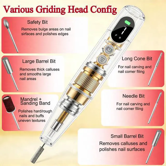 Alt view image 4 of 6 - Salon-Grade Electric Nail Drill Professional Cordless Nail File with LED Display, 6 Specialized Bits & 26 Accessories for Gel/Acrylic Nails & Thick Toenails (Cyan)