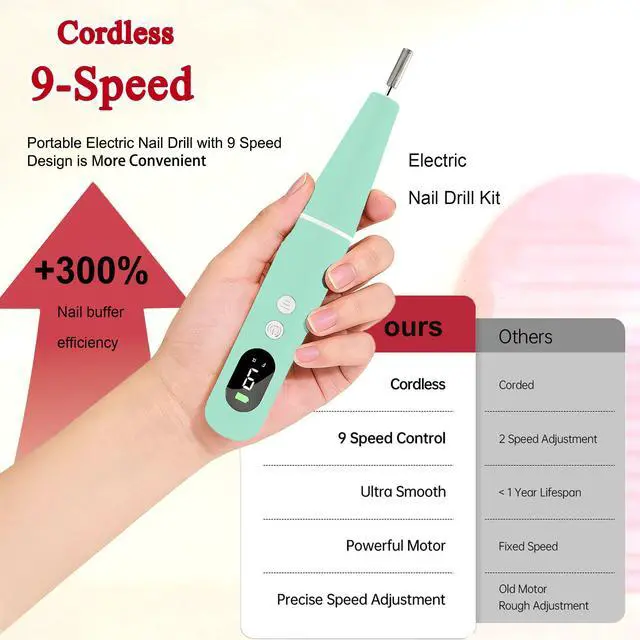Alt view image 5 of 6 - Salon-Grade Electric Nail Drill Professional Cordless Nail File with LED Display, 6 Specialized Bits & 26 Accessories for Gel/Acrylic Nails & Thick Toenails (Cyan)