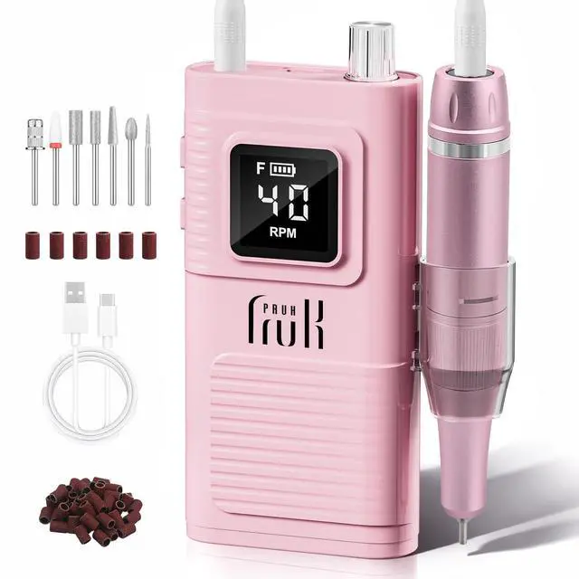 Main image of Professional Electric Nail Drill Kit, Portable 40000RPM Cordless E-File with LCD Display, 7 Drill Bits & 56 Sanding Bands, Manicure Nail Machine for Salon Home, Training & Travel, Pink