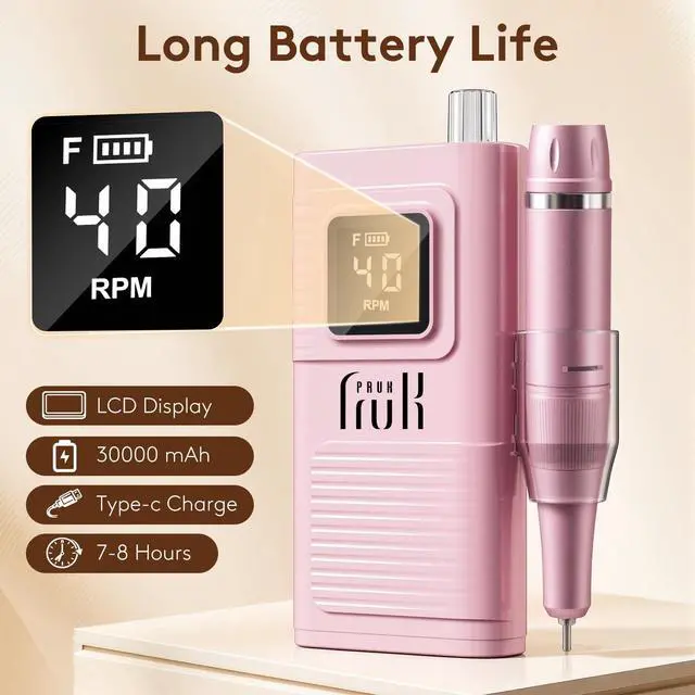 Alt view image 4 of 7 - Professional Electric Nail Drill Kit, Portable 40000RPM Cordless E-File with LCD Display, 7 Drill Bits & 56 Sanding Bands, Manicure Nail Machine for Salon Home, Training & Travel, Pink