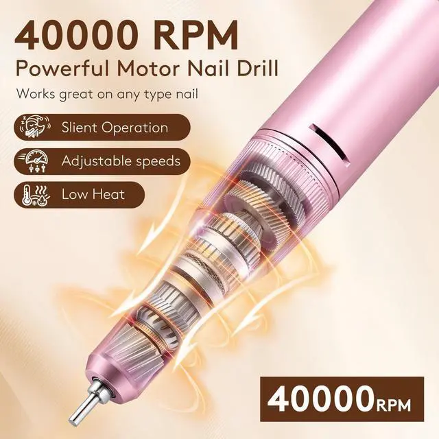 Alt view image 2 of 7 - Professional Electric Nail Drill Kit, Portable 40000RPM Cordless E-File with LCD Display, 7 Drill Bits & 56 Sanding Bands, Manicure Nail Machine for Salon Home, Training & Travel, Pink