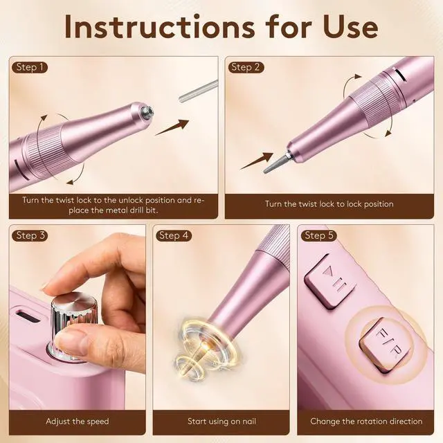 Alt view image 5 of 7 - Professional Electric Nail Drill Kit, Portable 40000RPM Cordless E-File with LCD Display, 7 Drill Bits & 56 Sanding Bands, Manicure Nail Machine for Salon Home, Training & Travel, Pink