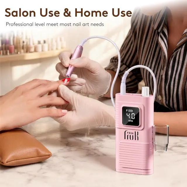Alt view image 6 of 7 - Professional Electric Nail Drill Kit, Portable 40000RPM Cordless E-File with LCD Display, 7 Drill Bits & 56 Sanding Bands, Manicure Nail Machine for Salon Home, Training & Travel, Pink