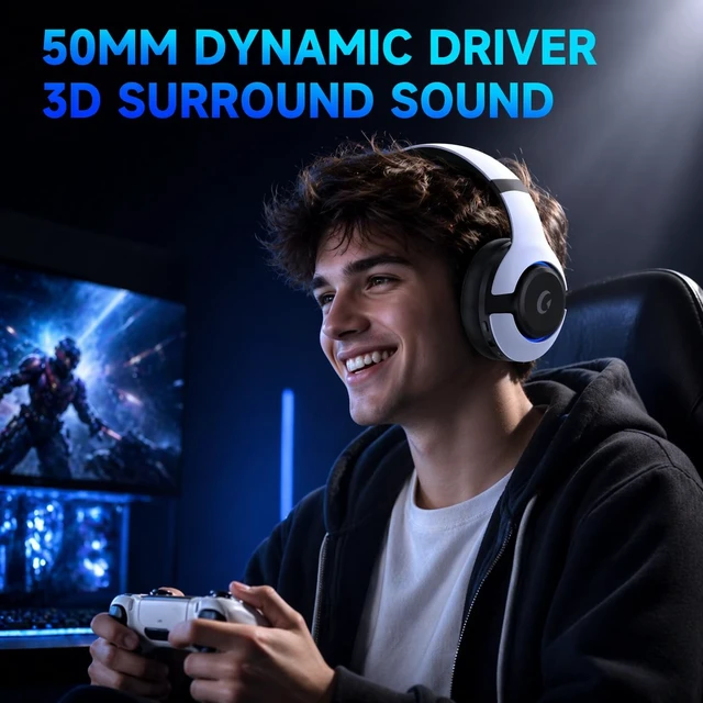 Alt view image 5 of 7 - Wireless PS5 Headset, 2.4GHz Gaming Headset for PS5, PC, Switch, Bluetooth 5.3 Headphones with Noise Canceling Mic, 7.1 Surround Sound, Low-Latency, 45H Battery, White