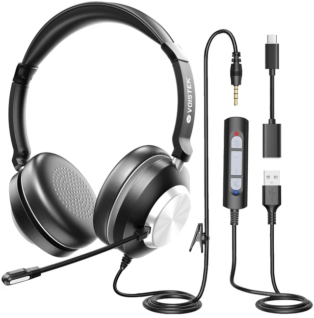 Main image of USB Headset with Microphone,PC Headphones with Noise Cancelling Mic | Computer Headset with USB-A Cable,USB-C Adapter & 3.5mm Plug,In-Line Volume Control,Mute Button for Teams Zoom,Home Office