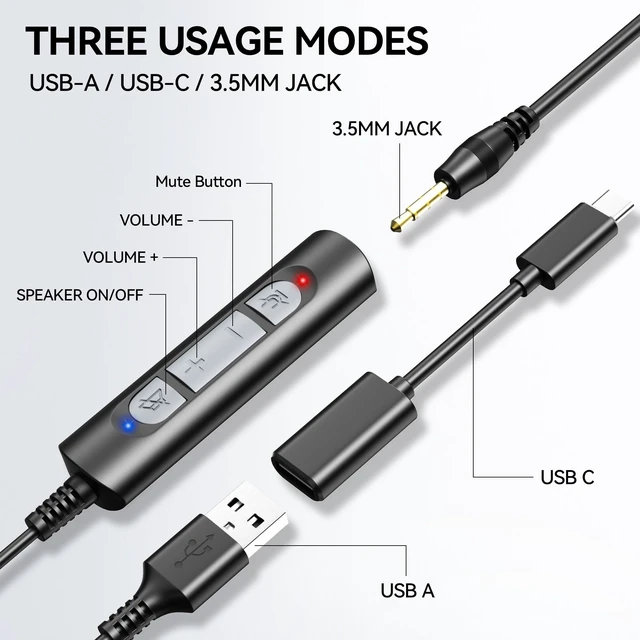 Alt view image 3 of 6 - USB Headset with Microphone,PC Headphones with Noise Cancelling Mic | Computer Headset with USB-A Cable,USB-C Adapter & 3.5mm Plug,In-Line Volume Control,Mute Button for Teams Zoom,Home Office