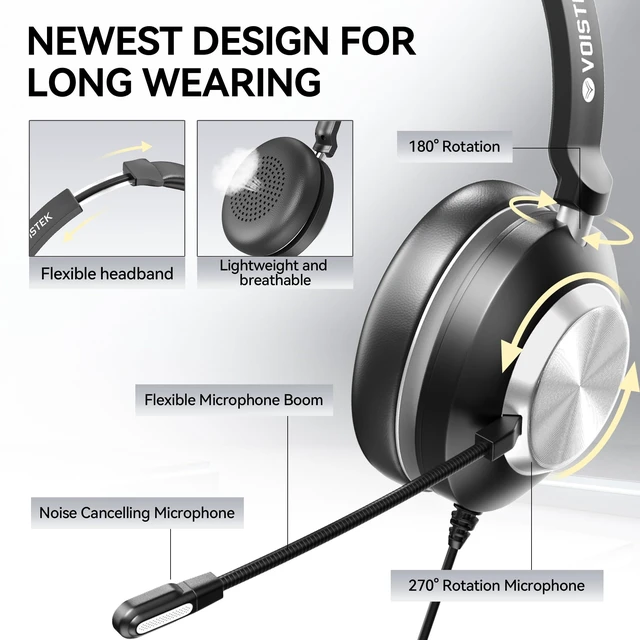 Alt view image 4 of 6 - USB Headset with Microphone,PC Headphones with Noise Cancelling Mic | Computer Headset with USB-A Cable,USB-C Adapter & 3.5mm Plug,In-Line Volume Control,Mute Button for Teams Zoom,Home Office
