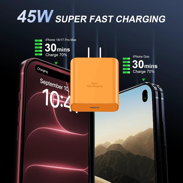 Alt view image 2 of 7 - iPhone 18 17 Pro Max Charger Fast Charging 45W USBC iPhone Duo Fast Charger | New iPhone Super Fast Charger with 10 FT Long Type C Fast Charging Cable Cord for iPhone 18 Pro Max/Pro/Duo/17/16/Pro Max