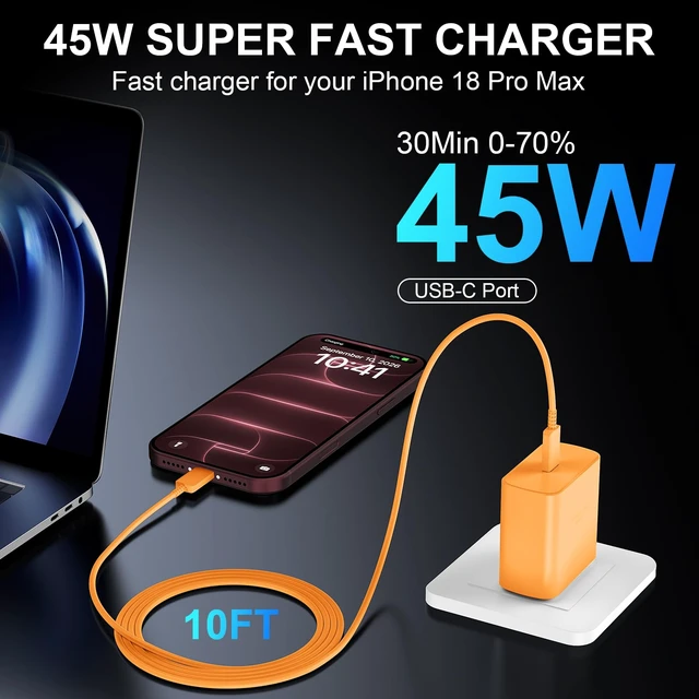 Alt view image 4 of 7 - iPhone 18 17 Pro Max Charger Fast Charging 45W USBC iPhone Duo Fast Charger | New iPhone Super Fast Charger with 10 FT Long Type C Fast Charging Cable Cord for iPhone 18 Pro Max/Pro/Duo/17/16/Pro Max