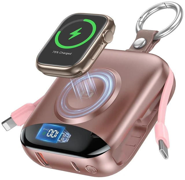 Main image of Portable Charger 10000mAh w/Built-in Cables & iWatch Charger Rose | Fast charging, Built-in cables, LED display, Charge 5 devices at once, Ring buckle, TSA approved, Pocket size, Charge iWatch