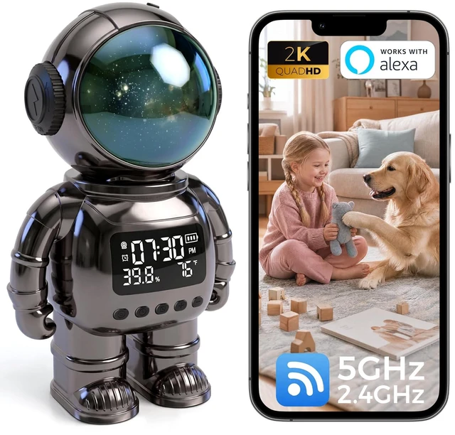 Main image of 2K Astronaut Indoor Clock Camera, WiFi6 2.4G/5G Baby Pet Monitor, TempHumidity Display, 2Way Audio, Color Night Vision, AI Baby Cry/Human Detection, TF Card & Cloud Storage
