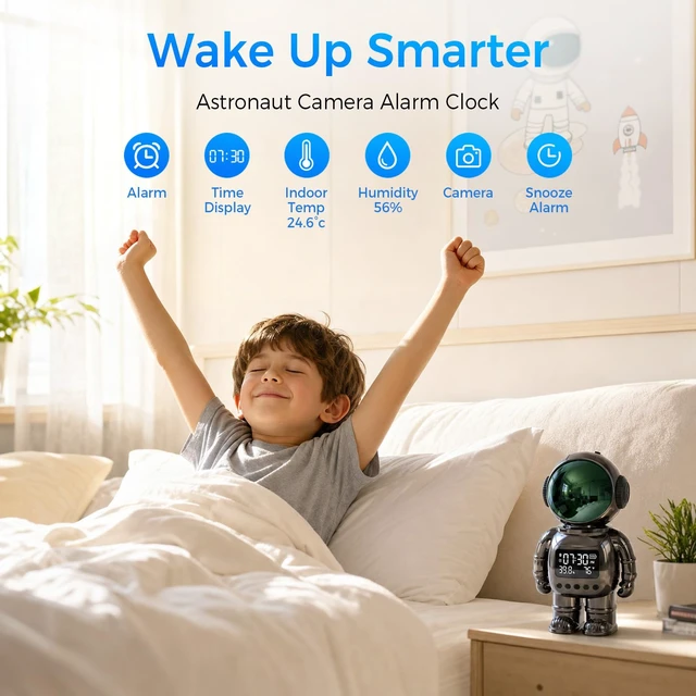 Alt view image 2 of 7 - 2K Astronaut Indoor Clock Camera, WiFi6 2.4G/5G Baby Pet Monitor, TempHumidity Display, 2Way Audio, Color Night Vision, AI Baby Cry/Human Detection, TF Card & Cloud Storage
