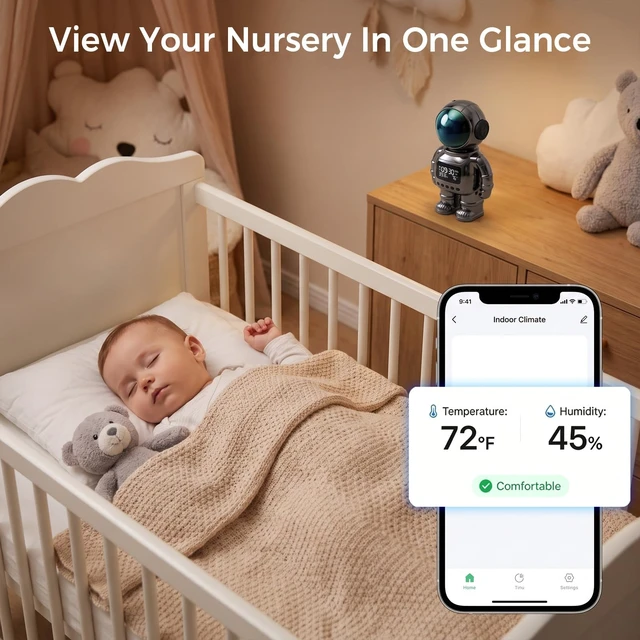 Alt view image 3 of 7 - 2K Astronaut Indoor Clock Camera, WiFi6 2.4G/5G Baby Pet Monitor, TempHumidity Display, 2Way Audio, Color Night Vision, AI Baby Cry/Human Detection, TF Card & Cloud Storage