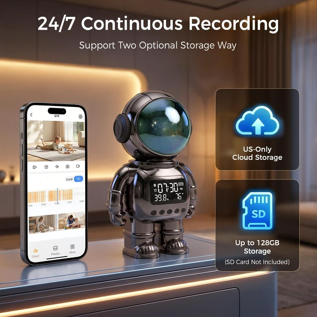 Alt view image 6 of 7 - 2K Astronaut Indoor Clock Camera, WiFi6 2.4G/5G Baby Pet Monitor, TempHumidity Display, 2Way Audio, Color Night Vision, AI Baby Cry/Human Detection, TF Card & Cloud Storage