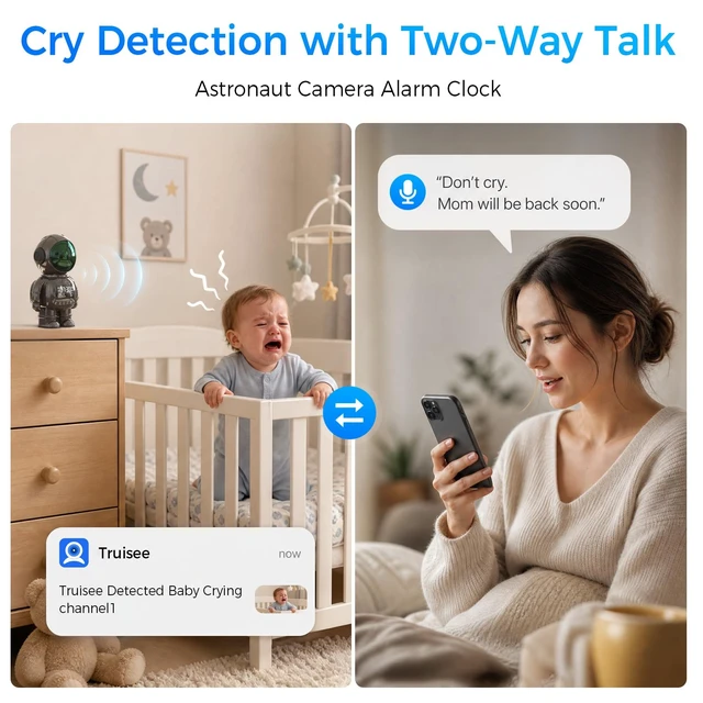 Alt view image 7 of 7 - 2K Astronaut Indoor Clock Camera, WiFi6 2.4G/5G Baby Pet Monitor, TempHumidity Display, 2Way Audio, Color Night Vision, AI Baby Cry/Human Detection, TF Card & Cloud Storage