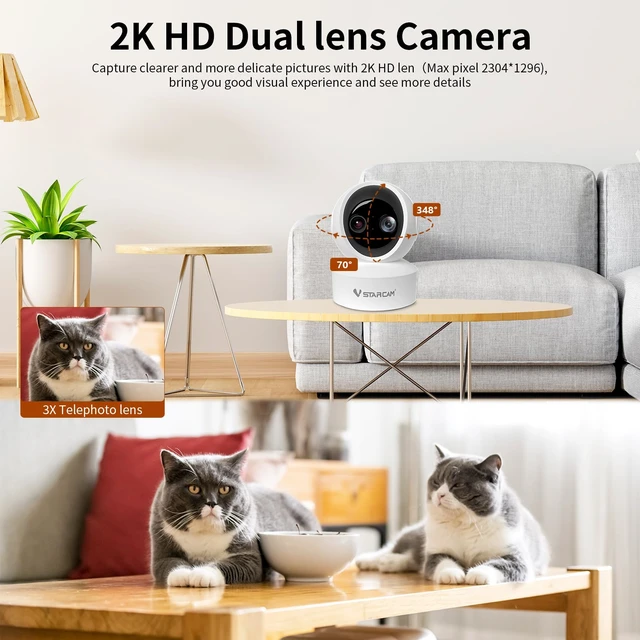 Alt view image 3 of 7 - 2K HD Pet Camera with Phone App, Indoor Camera for Home Night Vision, 2-Way Audio, Motion Detection, 2.4G WiFi Dual Monitor, 7/24 Recording, Cloud/SD Card Storage