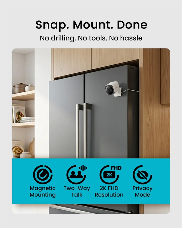 Alt view image 2 of 7 - Indoor Camera with Magnetic Bottom, 2K Plug-in Home Security Camera | 24/7 Recording, 2-Way Audio, Siren, Night Vision, No Subscription Local Storage, Works with Alexa & Google, 1 Pack