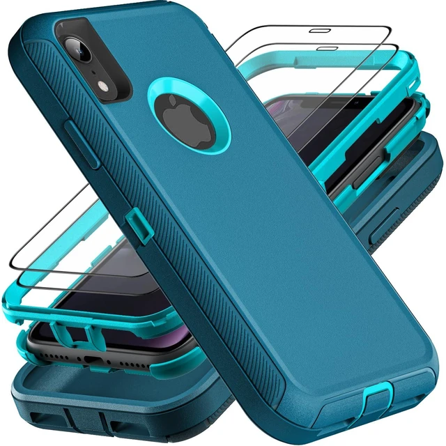 Main image of for iPhone XR Case, Military Grade 3 in 1 Heavy Duty Shockproof/Drop Proof/Dust Proof Case with 2Pcs Tempered Glass Screen Protector (Blue/Turquoise)