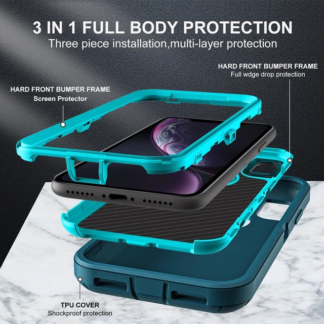 Alt view image 4 of 6 - for iPhone XR Case, Military Grade 3 in 1 Heavy Duty Shockproof/Drop Proof/Dust Proof Case with 2Pcs Tempered Glass Screen Protector (Blue/Turquoise)
