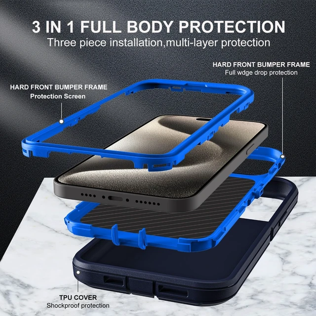 Alt view image 4 of 6 - for iPhone 15 Pro Max Case, Military Grade 3 in 1 Heavy Duty Shockproof/Drop Proof/Dust Proof Case with 2Pcs Tempered Glass Screen Protector (Navy Blue)