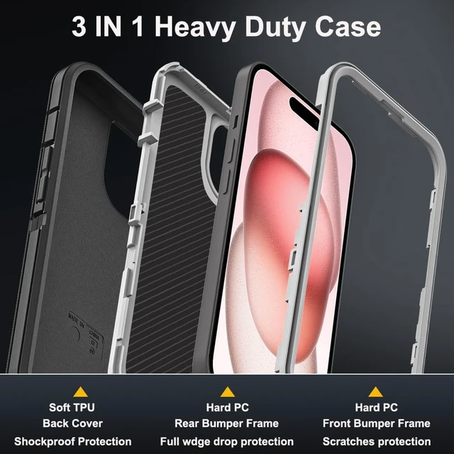 Alt view image 4 of 6 - for iPhone 15 Case with 2Pcs Tempered Glass Screen Protector and 1Pcs Camera Lens Protector, Military Grade 3 in 1 Heavy Duty Shockproof/Drop Proof/Dust Proof Case (Black/Grey)