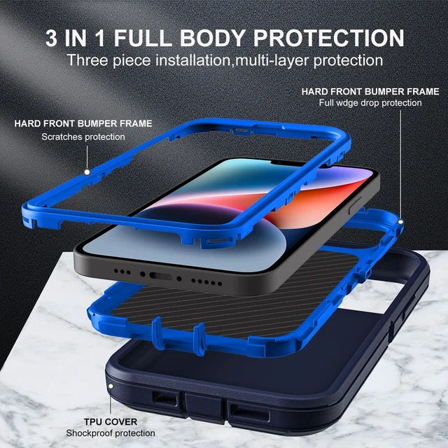 Alt view image 4 of 6 - Military Grade 3 in 1 Heavy Duty Case for iPhone 13/14 - Shockproof, Drop Proof, Dust Proof With 2Pcs Tempered Glass Screen Protector (Navy Blue)