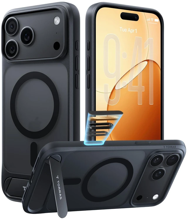 Main image of Stronger Magnetic & Seamless Stand for iPhone 18 Pro Max Case Black | Fit for MagSafe, Durable Kickstand, 4X Military-Grade Protection, Impact Cushioning, Camera Control Button, Translucent Matte