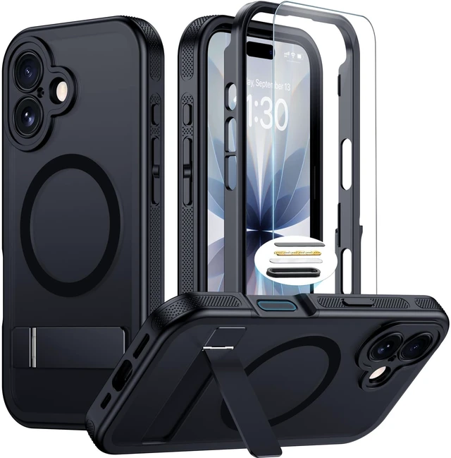 Main image of for iPhone 17 Case with Stand, Heavy Duty Protection Black | 1x Glass Screen Protector, 2-Layer Durable Bumper, Built-in Kickstand, Magnetic with MagSafe, Matte Shockproof Phone Case
