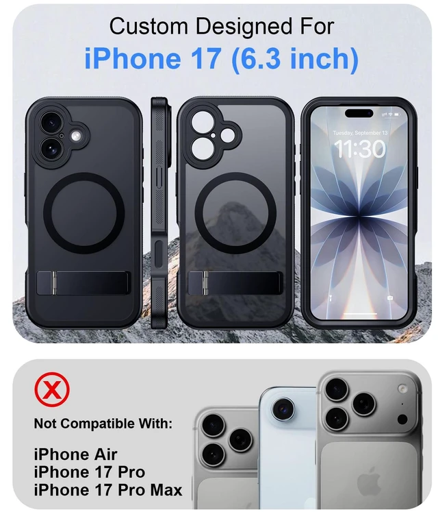 Alt view image 2 of 7 - for iPhone 17 Case with Stand, Heavy Duty Protection Black | 1x Glass Screen Protector, 2-Layer Durable Bumper, Built-in Kickstand, Magnetic with MagSafe, Matte Shockproof Phone Case