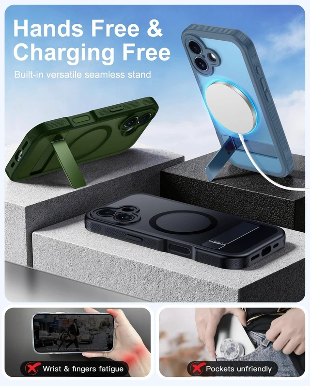Alt view image 3 of 7 - for iPhone 17 Case with Stand, Heavy Duty Protection Black | 1x Glass Screen Protector, 2-Layer Durable Bumper, Built-in Kickstand, Magnetic with MagSafe, Matte Shockproof Phone Case