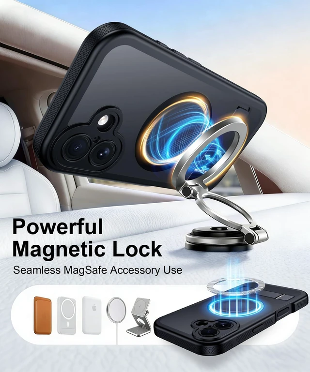 Alt view image 4 of 7 - for iPhone 17 Case with Stand, Heavy Duty Protection Black | 1x Glass Screen Protector, 2-Layer Durable Bumper, Built-in Kickstand, Magnetic with MagSafe, Matte Shockproof Phone Case