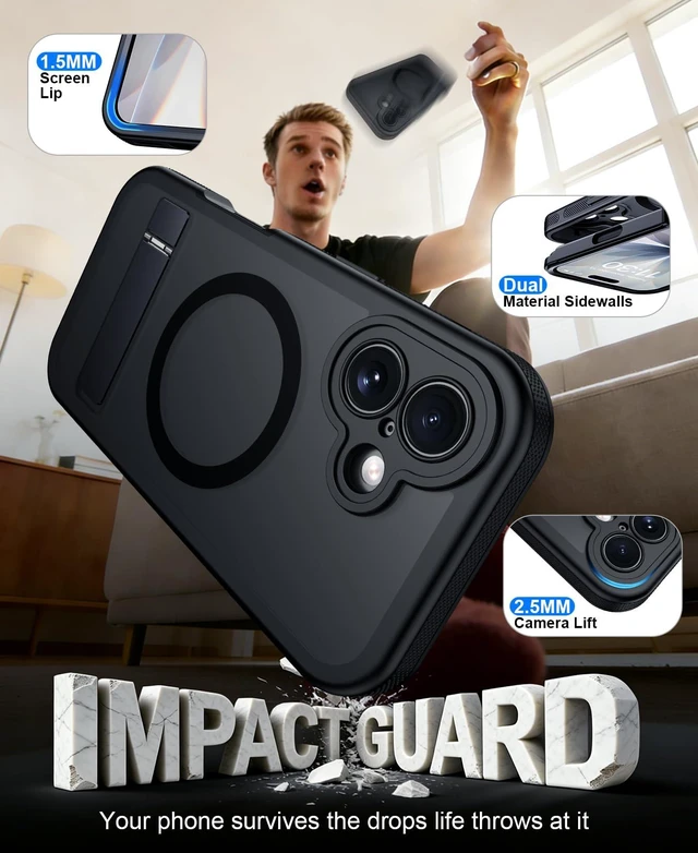 Alt view image 5 of 7 - for iPhone 17 Case with Stand, Heavy Duty Protection Black | 1x Glass Screen Protector, 2-Layer Durable Bumper, Built-in Kickstand, Magnetic with MagSafe, Matte Shockproof Phone Case