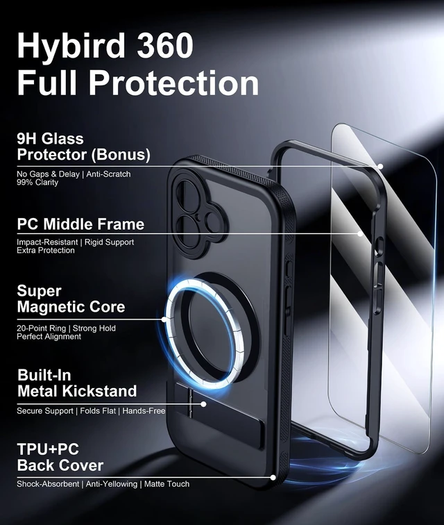 Alt view image 6 of 7 - for iPhone 17 Case with Stand, Heavy Duty Protection Black | 1x Glass Screen Protector, 2-Layer Durable Bumper, Built-in Kickstand, Magnetic with MagSafe, Matte Shockproof Phone Case