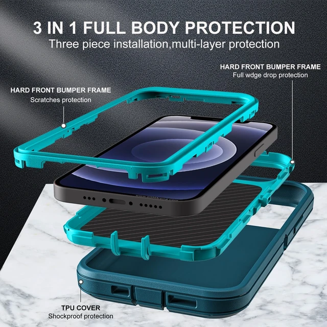 Alt view image 4 of 6 - for iPhone 12/12 Pro Case, Military Grade 3 in 1 Heavy Duty Shockproof/Drop Proof/Dust Proof with 2Pcs Tempered Glass Screen Protector (Blue/Turquoise)