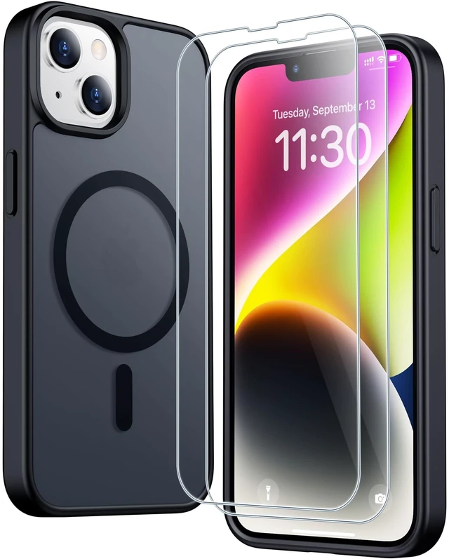 Main image of Magnetic for iPhone 14 Plus Case,Black | Translucent Matte Case with 2PCS Tempered Glass Screen Protector Slim Phone Case