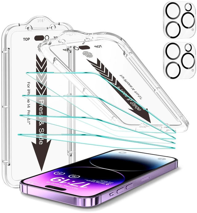 Main image of 4+2 Pack for iPhone 14 Pro Screen Protector (6.1") HD Clear | 2-Pack Lens Protectors, Alignment Kit, Easy Installation, Case-Friendly, 9H+ Tempered Glass, Scratch Resistant, Ultra Clear