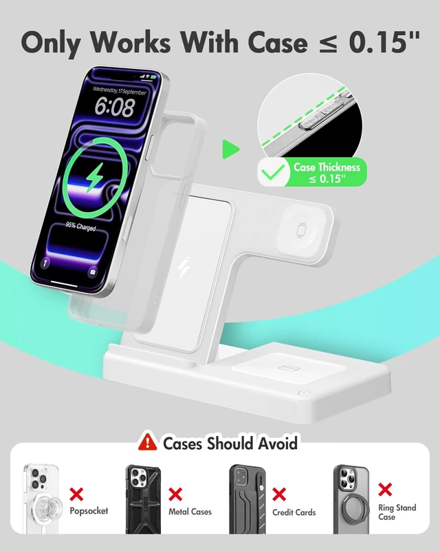 Alt view image 3 of 7 - Wireless Charger iPhone Charging Station for Apple Multiple Devices | 3 in 1 Charger Stand for iPhone 18 Pro Max 17 17e 16 16e 15 14 13 12 & Watch Series 12-2 SE Ultra & Airpods 5 4 3 Pro, White