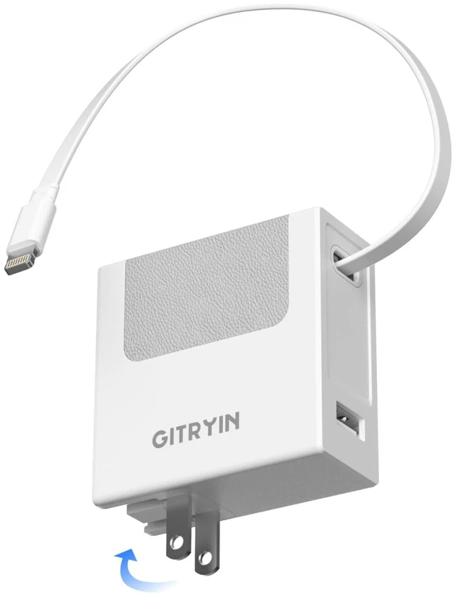 Main image of 40W PD Retractable USB Wall Charger, 33.5in Lightning Cable, 1 USBA | Phone GaN Charger with 1 Lightning Cable, 1 USB A Port, Foldable Plug, Fast Charging for iPhone14/13/12, ETL Certified, White