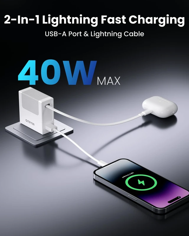 Alt view image 4 of 7 - 40W PD Retractable USB Wall Charger, 33.5in Lightning Cable, 1 USBA | Phone GaN Charger with 1 Lightning Cable, 1 USB A Port, Foldable Plug, Fast Charging for iPhone14/13/12, ETL Certified, White