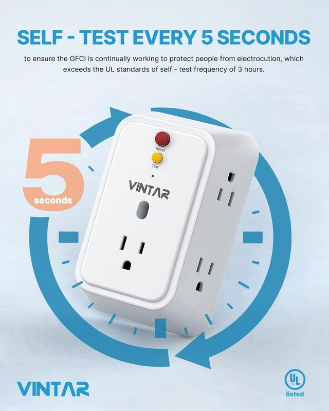 Alt view image 2 of 7 - 2 Prong to 3 Prong GFCI Outlet Extender, 2 Prong GFCI Outlet Adapter | 5 AC Outlets, Leakage Protection, Polarized Plug, 2 Prong GFCI Power Strip, For Non-Grounded Plug Older House & Hotels