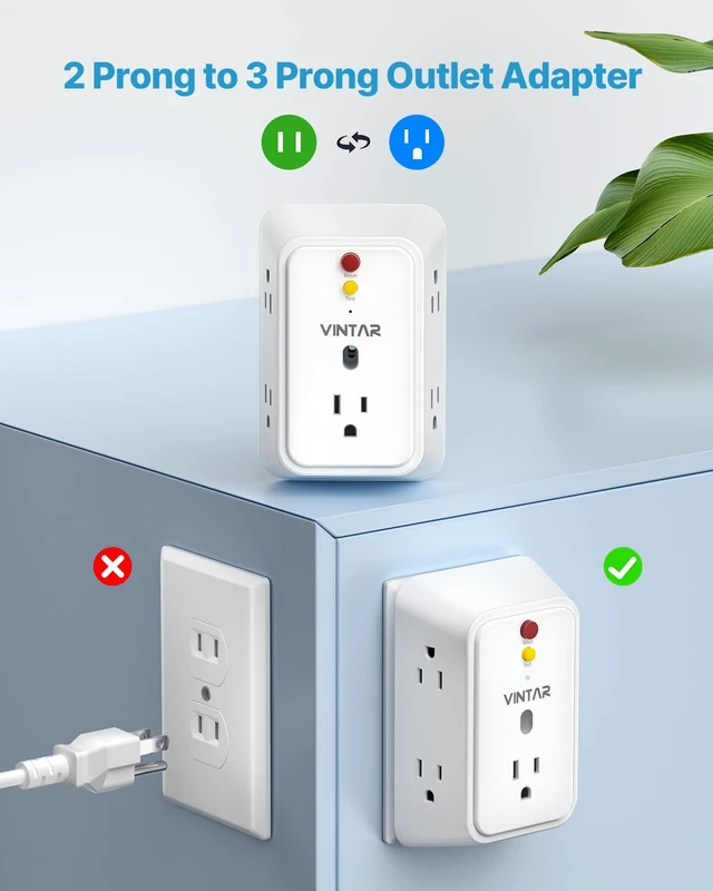 Alt view image 3 of 7 - 2 Prong to 3 Prong GFCI Outlet Extender, 2 Prong GFCI Outlet Adapter | 5 AC Outlets, Leakage Protection, Polarized Plug, 2 Prong GFCI Power Strip, For Non-Grounded Plug Older House & Hotels