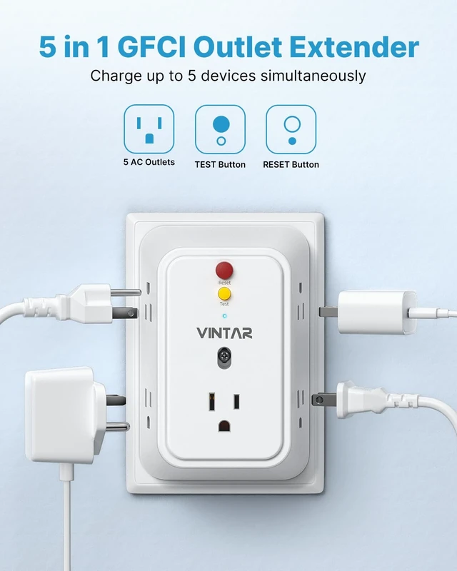 Alt view image 4 of 7 - 2 Prong to 3 Prong GFCI Outlet Extender, 2 Prong GFCI Outlet Adapter | 5 AC Outlets, Leakage Protection, Polarized Plug, 2 Prong GFCI Power Strip, For Non-Grounded Plug Older House & Hotels