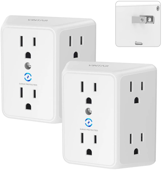 Main image of 2 Prong to 3 Prong Outlet Adapter, 3 Sided 6 Outlet Extender, 2 Pack | 2 to 3 Prong Adapter, Polarized Plug, 1875W Wall Charger Surge Protector, Mountable Wall Tap for Non Grounded Outlets