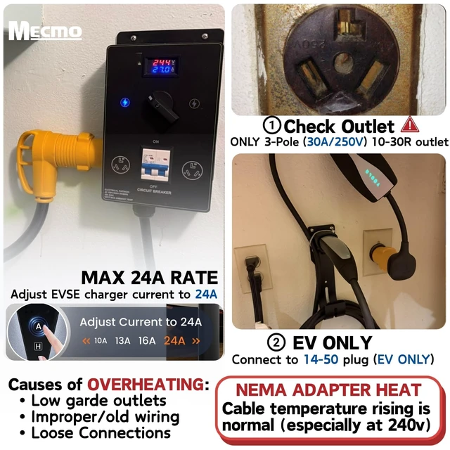 Alt view image 3 of 7 - NEMA 10-30P to 14-50R Temporary EV Adapter, 24Amp Charger Plug for Tesla Model 3 Y S X, 3-Prong Old Dryer Socket to EV Charging Use Only, Non-grounding Plug Not for Any RV/Dryer