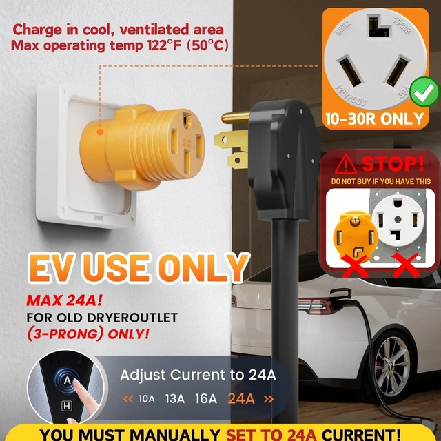 Alt view image 5 of 7 - NEMA 10-30P to 14-50R Temporary EV Adapter, 24Amp Charger Plug for Tesla Model 3 Y S X, 3-Prong Old Dryer Socket to EV Charging Use Only, Non-grounding Plug Not for Any RV/Dryer