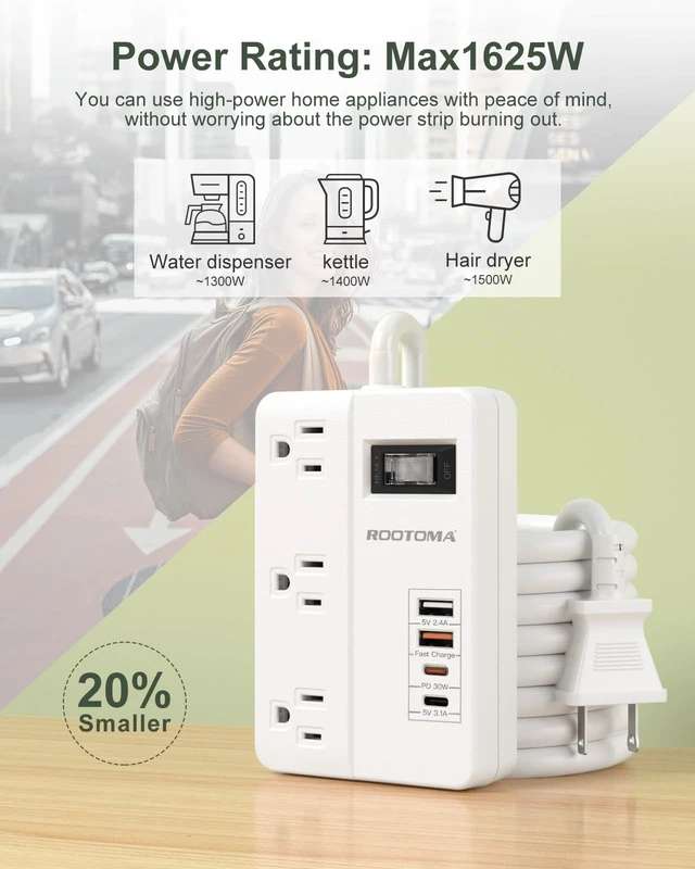 Alt view image 3 of 7 - PD 30W 2 Prong Power Strip with USB-C, White | 2 Prong to 3 Prong Outlet Adapter with onOff, 3 AC & 4 USB Ports, 3 Prong Adapter, for Polarized Two Prong Outlet, Old House