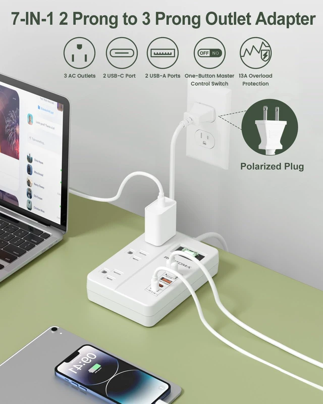 Alt view image 4 of 7 - PD 30W 2 Prong Power Strip with USB-C, White | 2 Prong to 3 Prong Outlet Adapter with onOff, 3 AC & 4 USB Ports, 3 Prong Adapter, for Polarized Two Prong Outlet, Old House