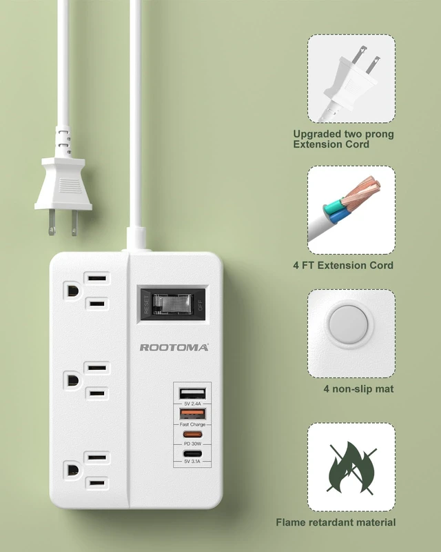 Alt view image 6 of 7 - PD 30W 2 Prong Power Strip with USB-C, White | 2 Prong to 3 Prong Outlet Adapter with onOff, 3 AC & 4 USB Ports, 3 Prong Adapter, for Polarized Two Prong Outlet, Old House