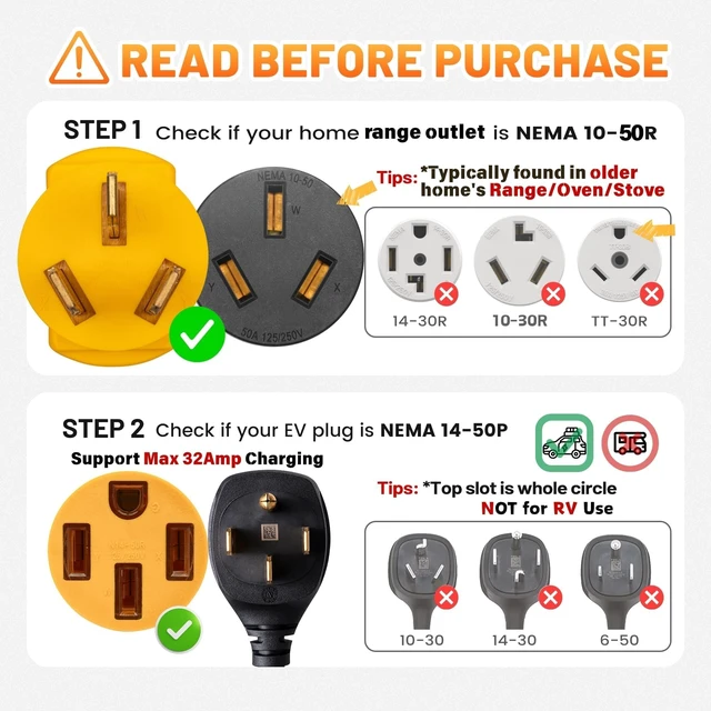 Alt view image 3 of 7 - 32Amp 220V Level 2 EV Charger Adapter for NEMA 10-50, 3-Prong Old Stove Range Socket, NEMA 10-50P to 14-50R Portable Plug for Tesla Model 3/S/X/Y EVSE Charging, Temporary EV Use ONLY