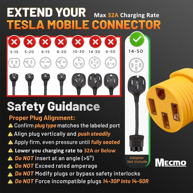 Alt view image 7 of 7 - 32Amp 220V Level 2 EV Charger Adapter for NEMA 10-50, 3-Prong Old Stove Range Socket, NEMA 10-50P to 14-50R Portable Plug for Tesla Model 3/S/X/Y EVSE Charging, Temporary EV Use ONLY